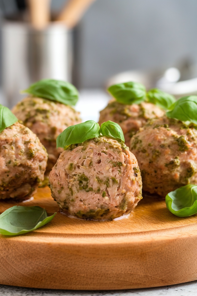 Pesto turkey meatballs garnished with basil leaves