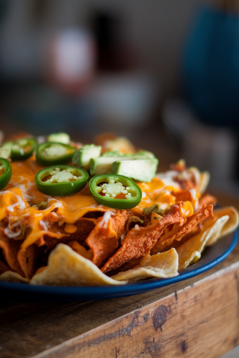 A plate of pork rind nachos topped with cheese, jalapeños, and avocado