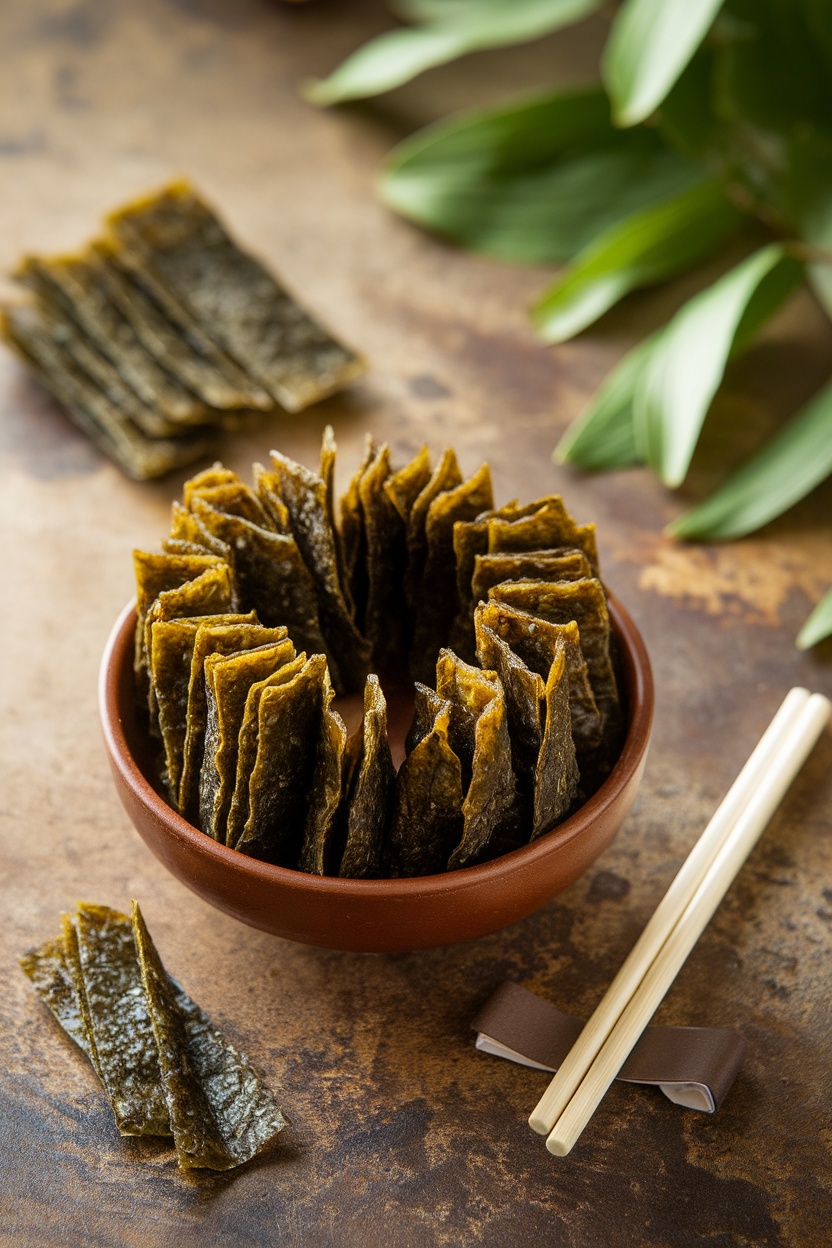 A bowl of roasted seaweed snacks arranged neatly, surrounded by additional sheets of seaweed.