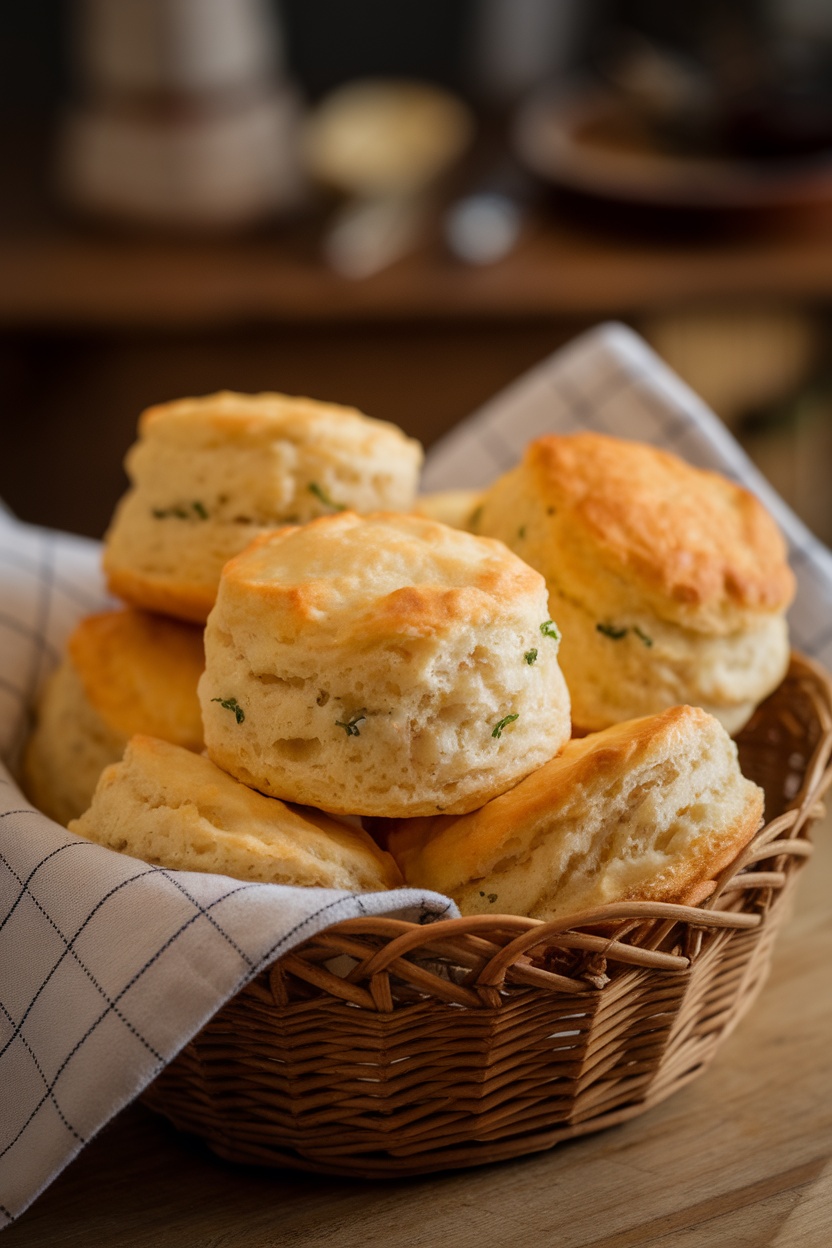A basket of savory cheddar and chive biscuits, golden and fluffy.