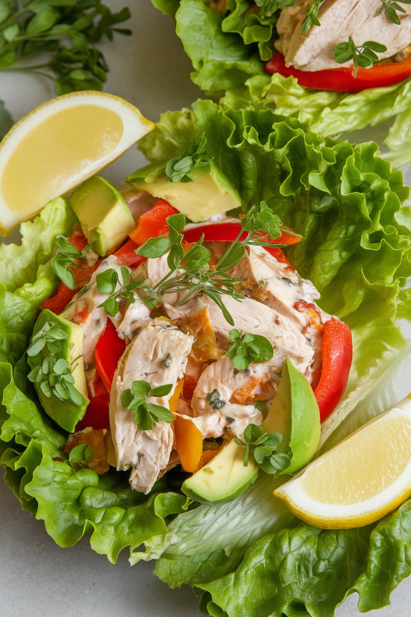 Savory Chicken Salad Lettuce Wraps with chicken, vegetables, and lemon.