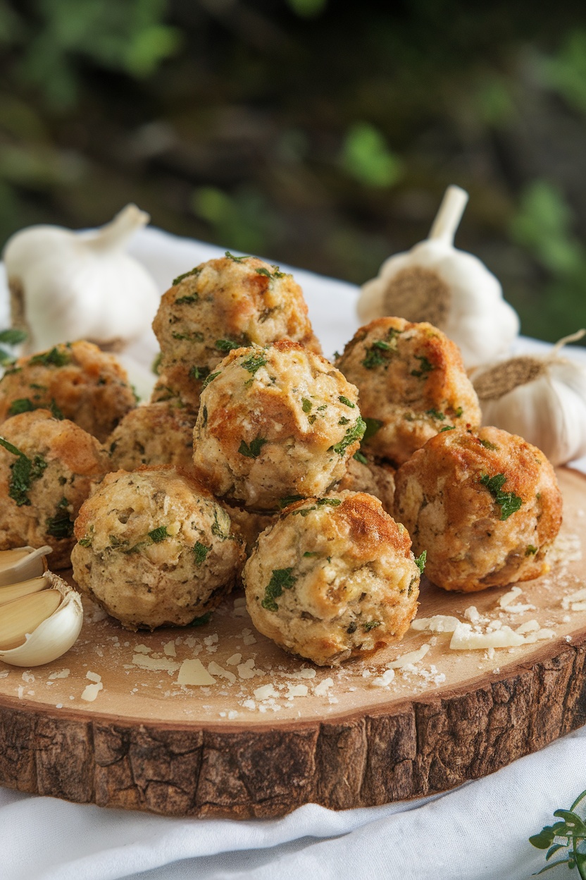 Savory Garlic Parmesan Meatballs on a wooden platter