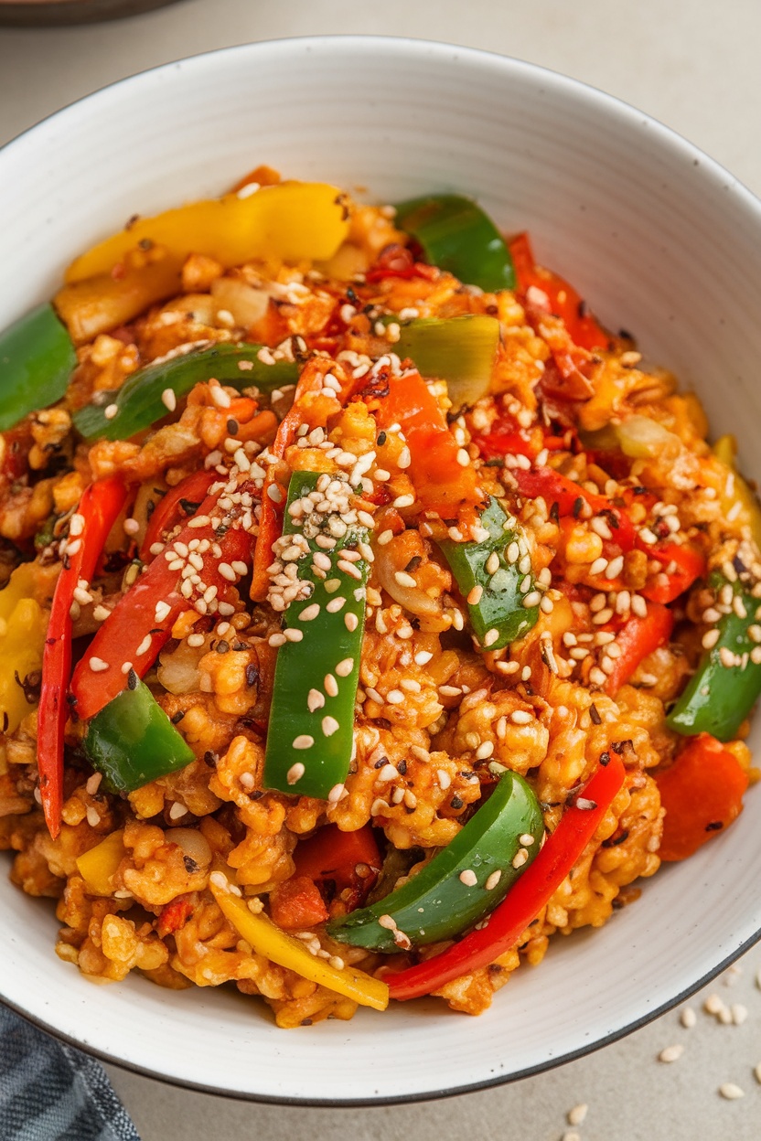 A colorful bowl of Sesame Cauliflower Rice Stir-Fry with bell peppers, broccoli, and sesame seeds.