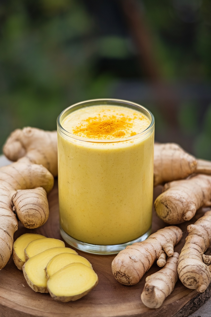 A refreshing spicy ginger turmeric smoothie in a glass surrounded by ginger and turmeric roots.