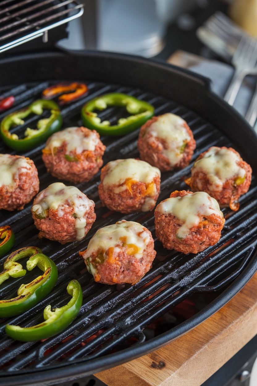 Spicy Jalapeño Cheese Meatballs on a grill