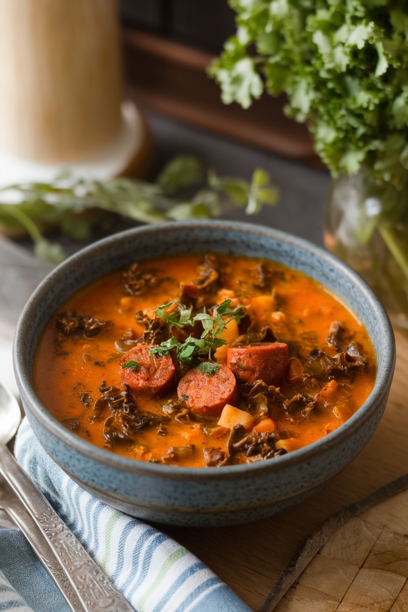 A bowl of spicy sausage and kale soup garnished with parsley.