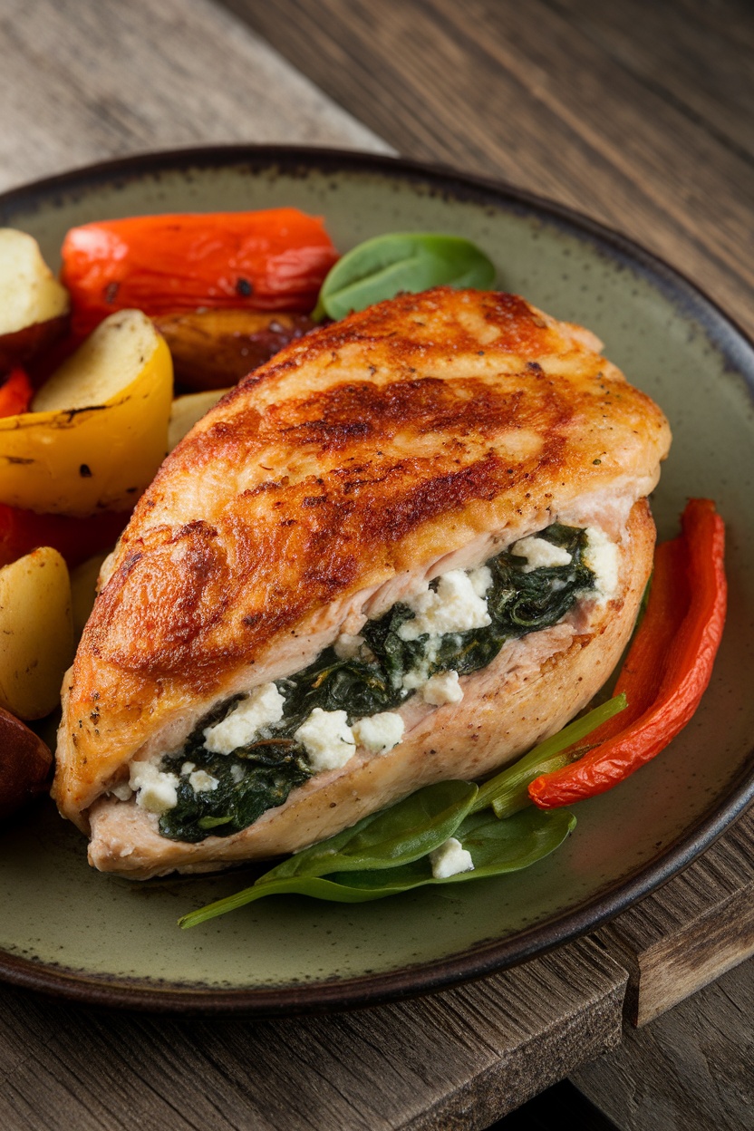 Spinach and feta stuffed chicken breasts served with colorful vegetables.