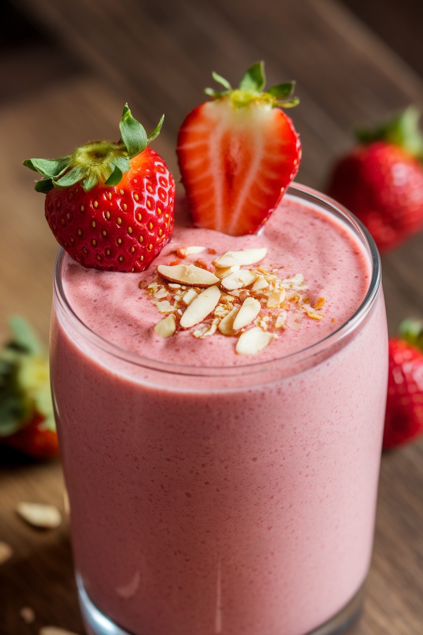 A refreshing strawberry smoothie topped with almonds and fresh strawberries.