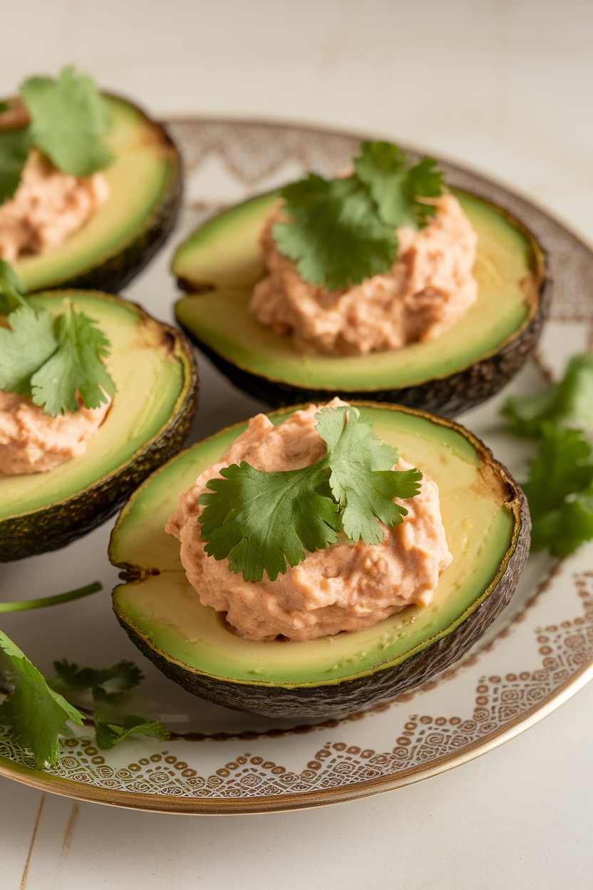 Stuffed avocado halves filled with a creamy chicken mixture and garnished with cilantro.