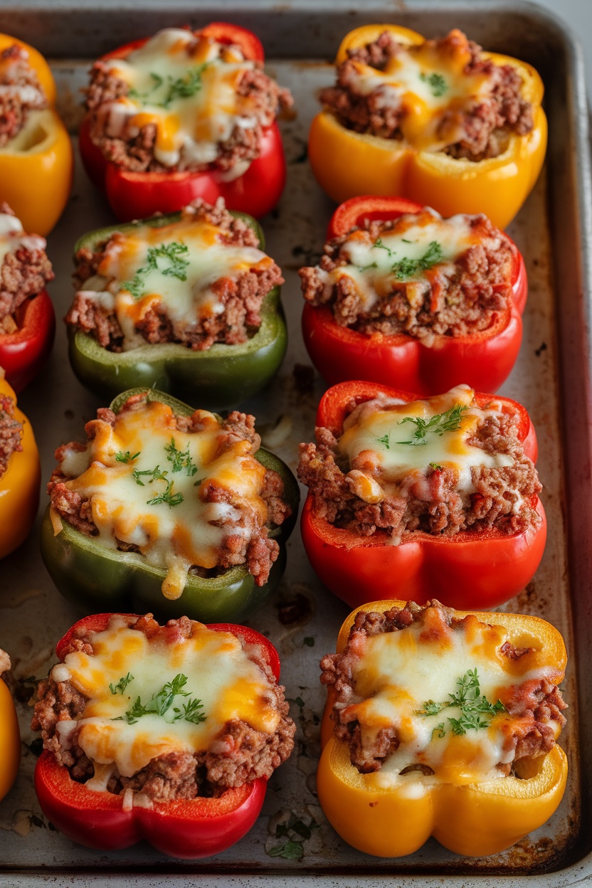 Stuffed bell peppers filled with ground beef and cheese, baked to perfection.