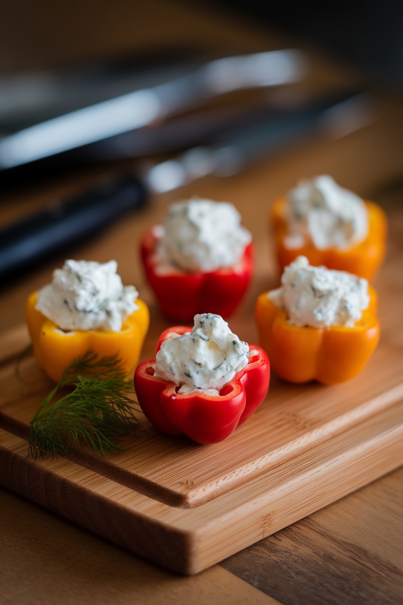 Stuffed mini peppers filled with goat cheese on a wooden board.