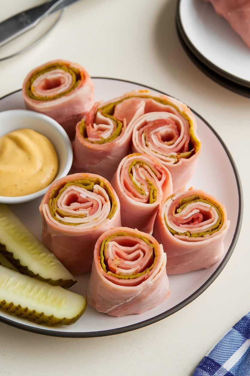 Turkey and cheese roll-ups served with pickles