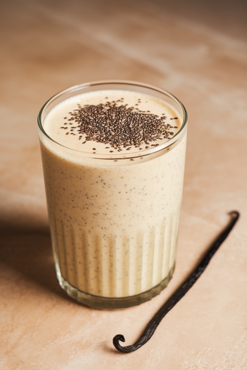 A creamy vanilla chia seed smoothie in a glass with chia seeds on top.