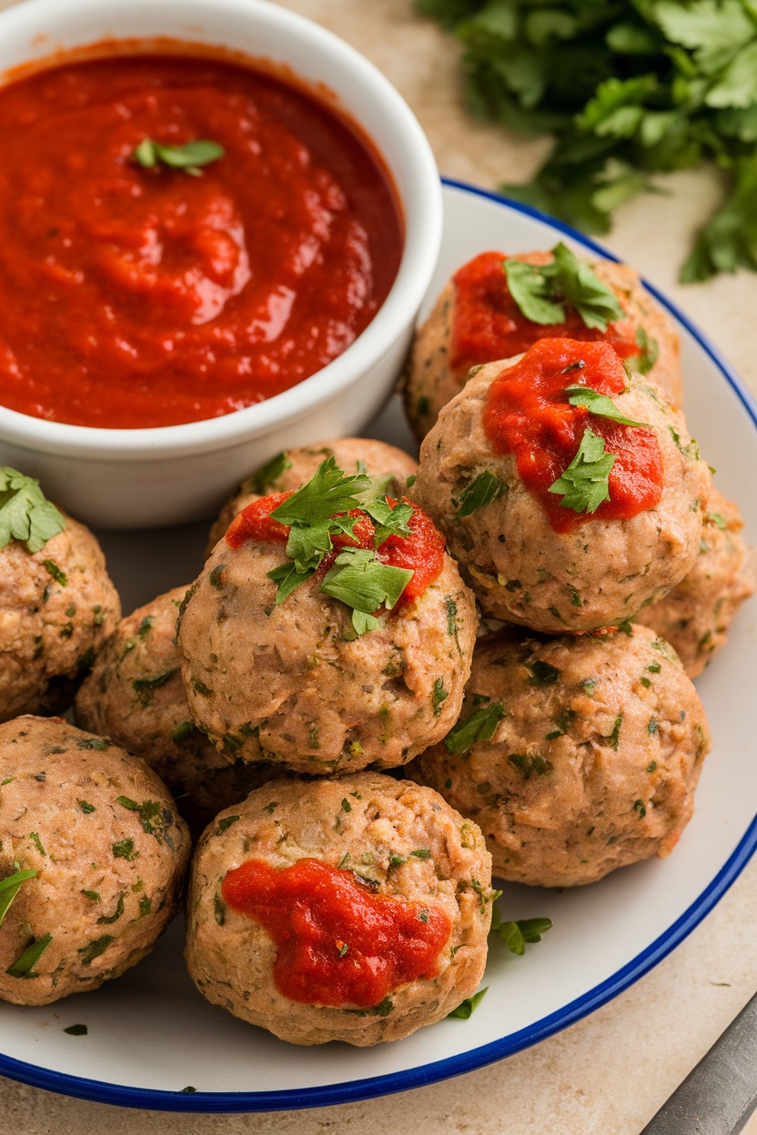 Zesty Italian Herb Meatballs served with marinara sauce