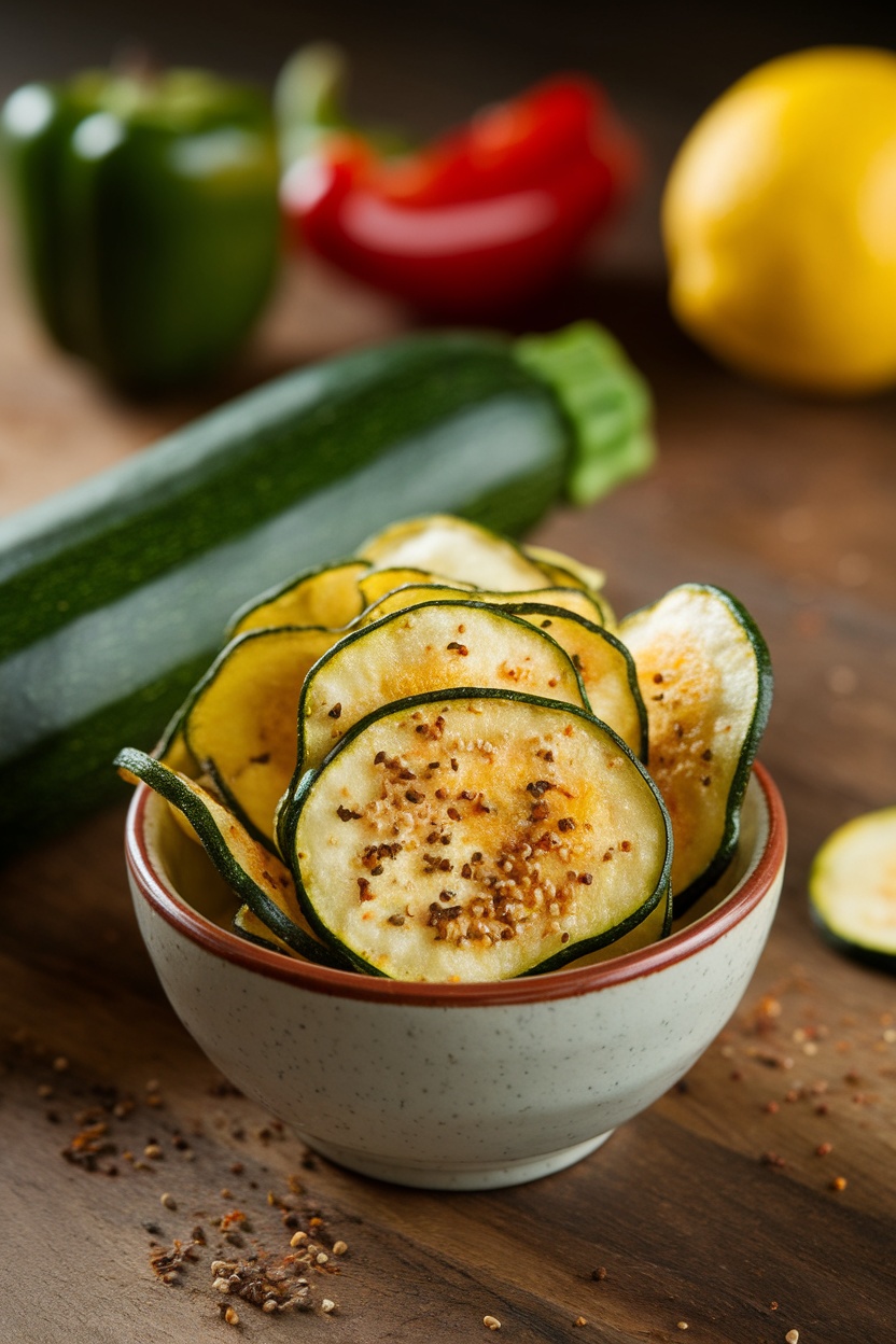 Bowl of homemade zucchini chips seasoned with spices