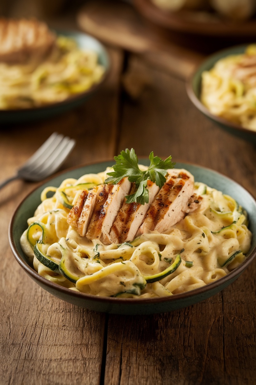 Zucchini Noodle Alfredo with grilled chicken