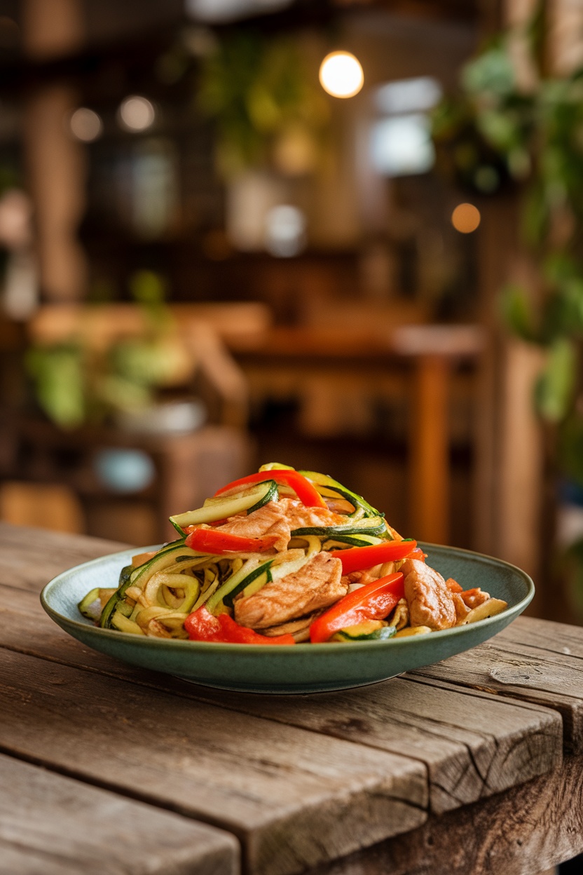 A delicious plate of zucchini noodle chicken stir-fry, featuring vibrant vegetables and tender chicken.