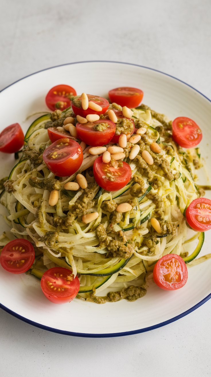 A bowl of zucchini noodle salad topped with pesto, cherry tomatoes, and pine nuts.