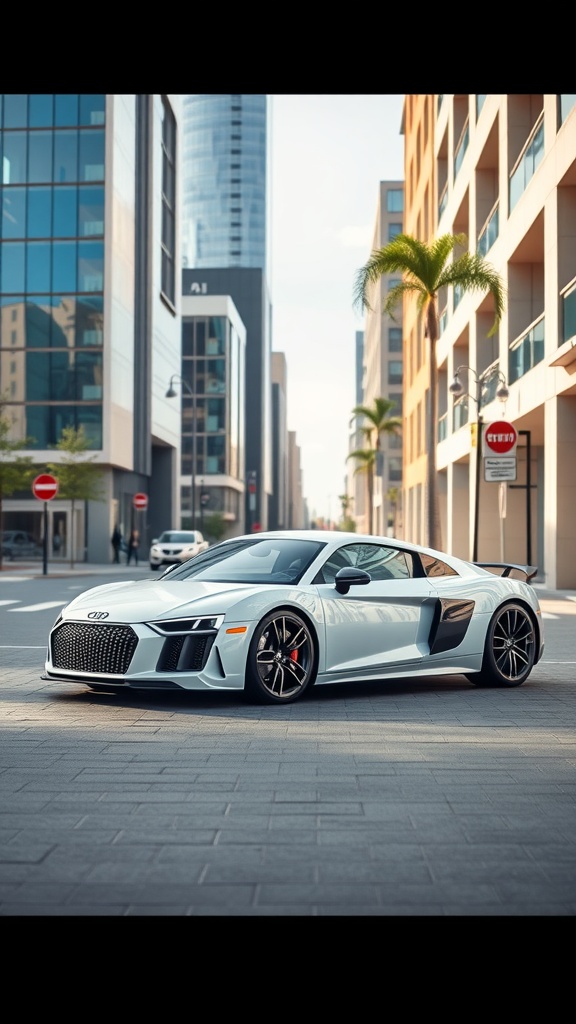 2025 Audi R8 V10 Performance parked in a modern city setting