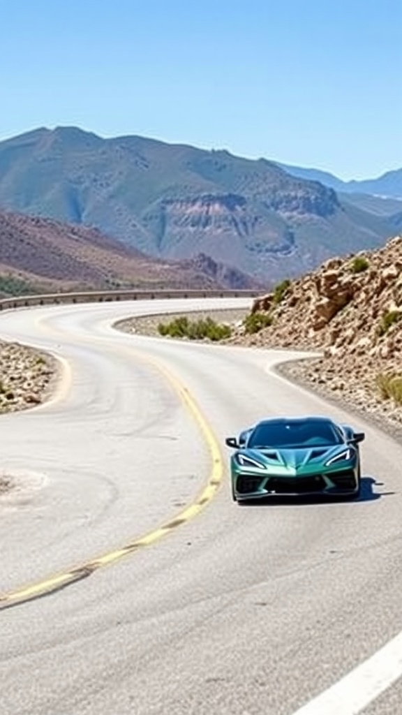 A 2025 Chevrolet Corvette Z06 driving on a winding road surrounded by mountains.