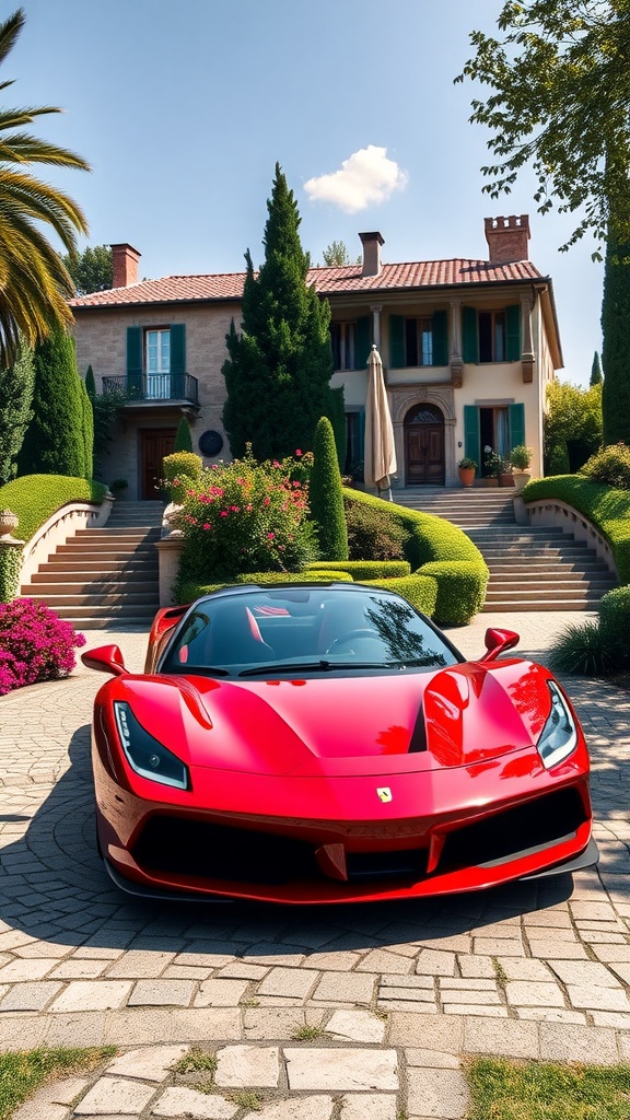 A red Ferrari F8 Tributo parked in front of a luxurious villa