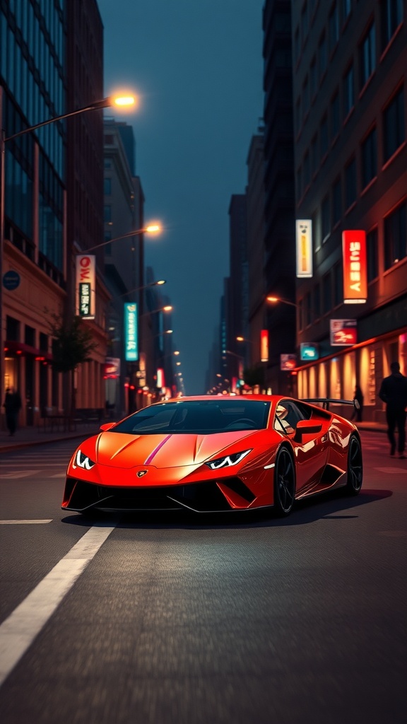 2025 Lamborghini Huracán Evo parked on a city street at night