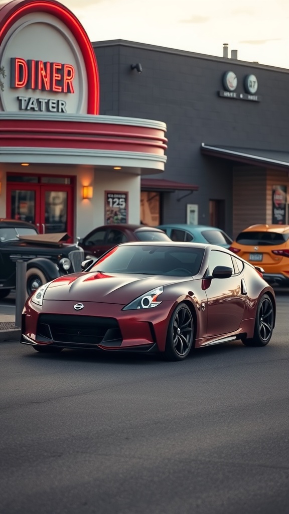 2025 Nissan Z parked in front of a retro diner