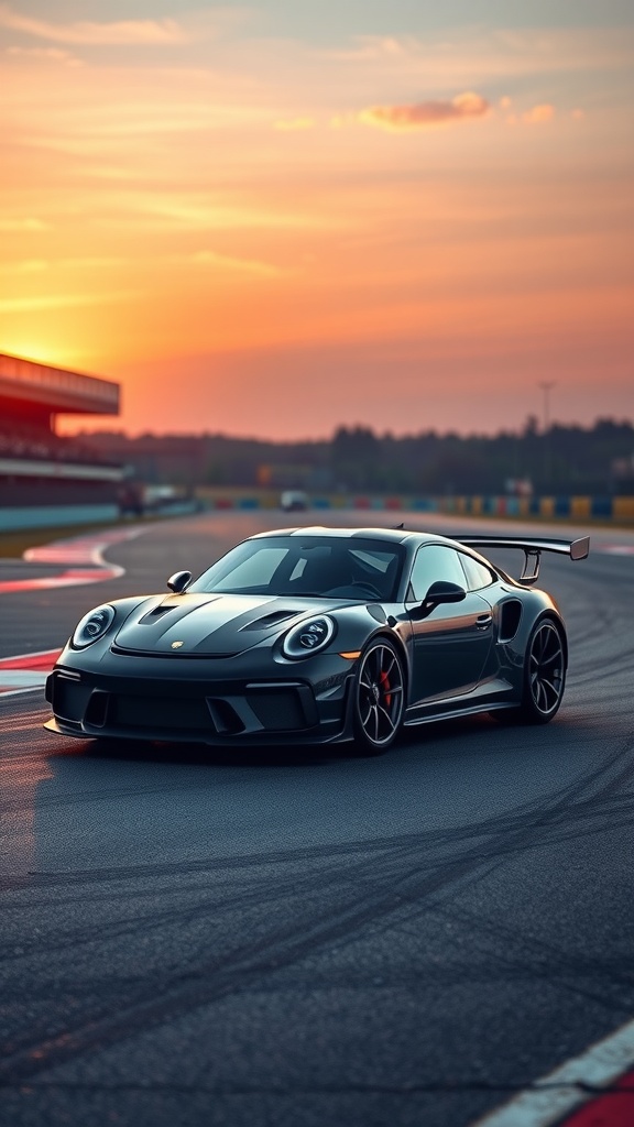 2025 Porsche 911 GT3 on a racetrack during sunset