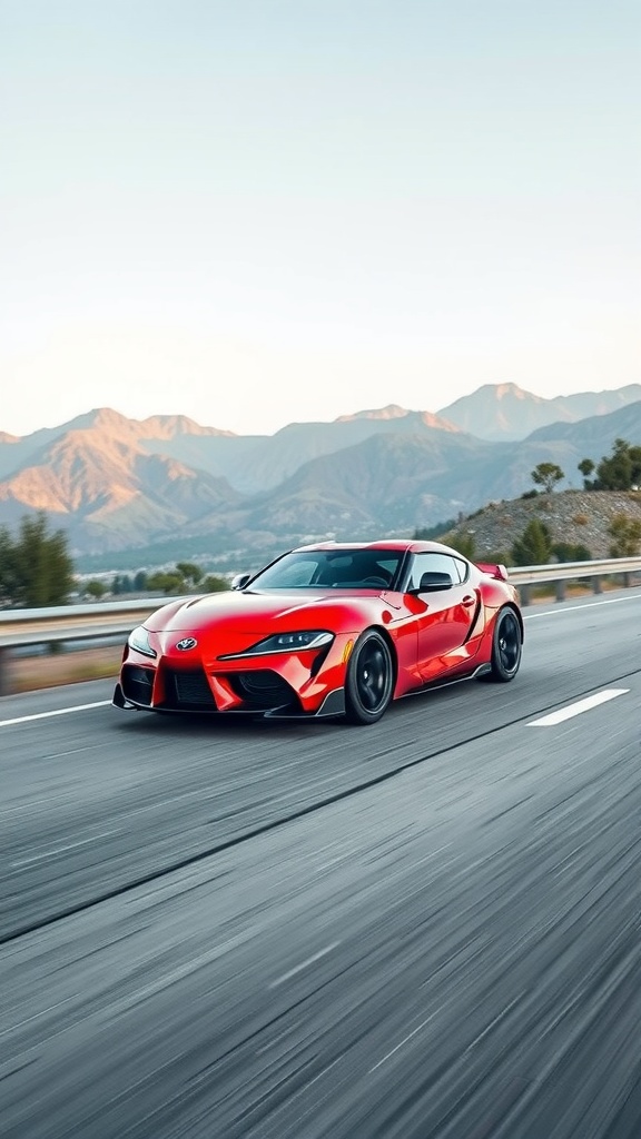 A red 2025 Toyota GR Supra driving on a scenic road with mountains in the background.