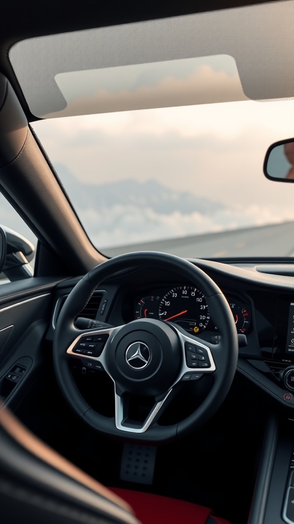 Interior view of a sports car showing the steering wheel and dashboard with advanced technology features.