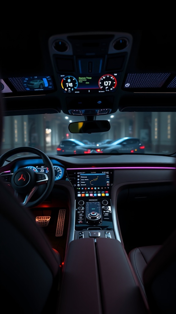 Interior view of a luxury supercar showcasing advanced dashboard technology and controls.