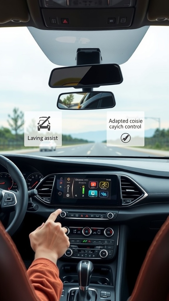 Interior of a modern car showing advanced safety features including lane assist and adaptive cruise control.