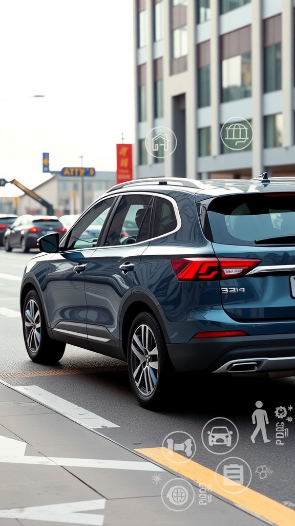 A modern 7-seater SUV parked on a city street, with safety feature icons displayed near the vehicle.