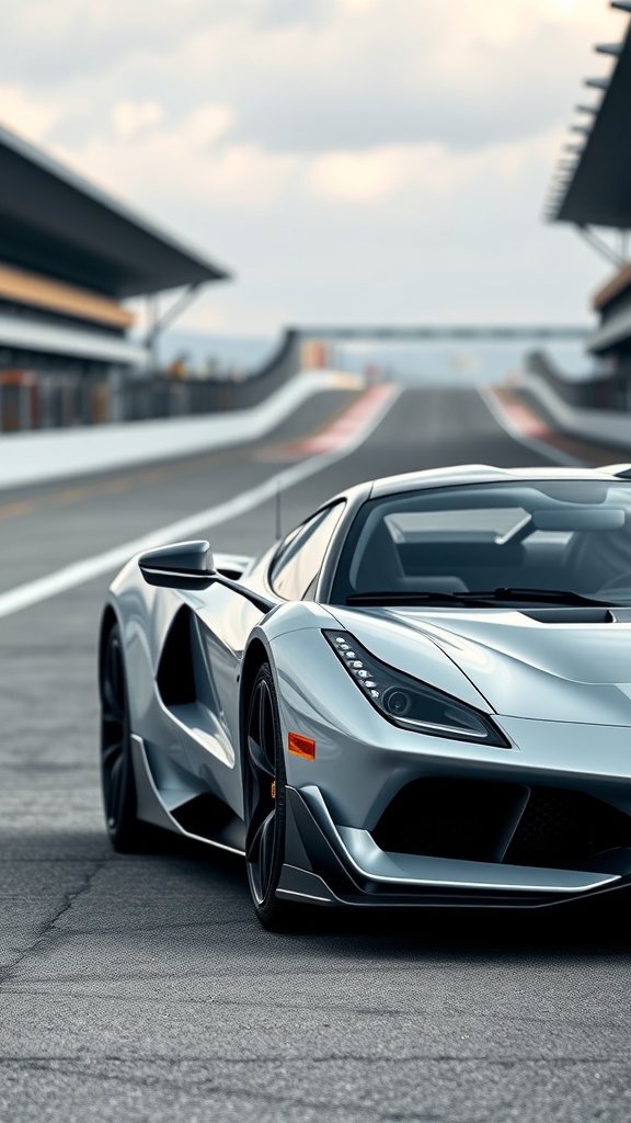A sleek, silver high-performance sports car on a racetrack.
