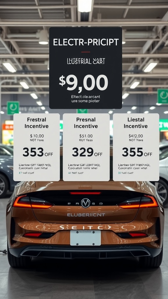 A rear view of an electric car displaying price and incentive offers in a car showroom.
