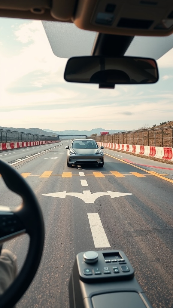 View from the interior of an electric vehicle, showing the road ahead with a sleek EV in front and safety features visible.