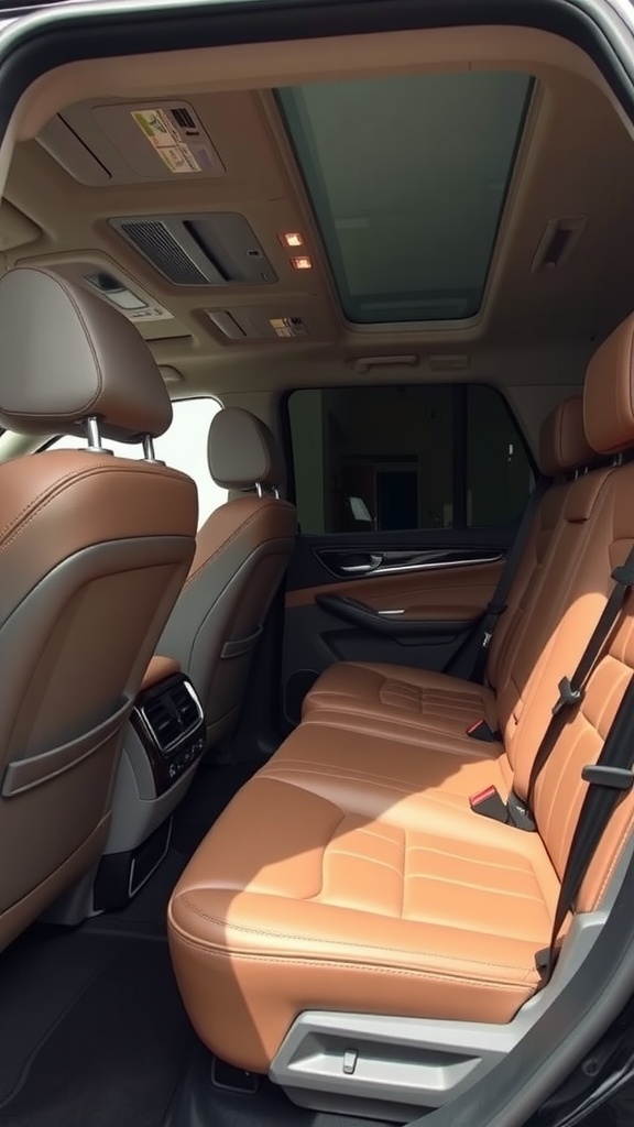 Interior view of a 7-seater SUV with tan leather seats and a panoramic sunroof