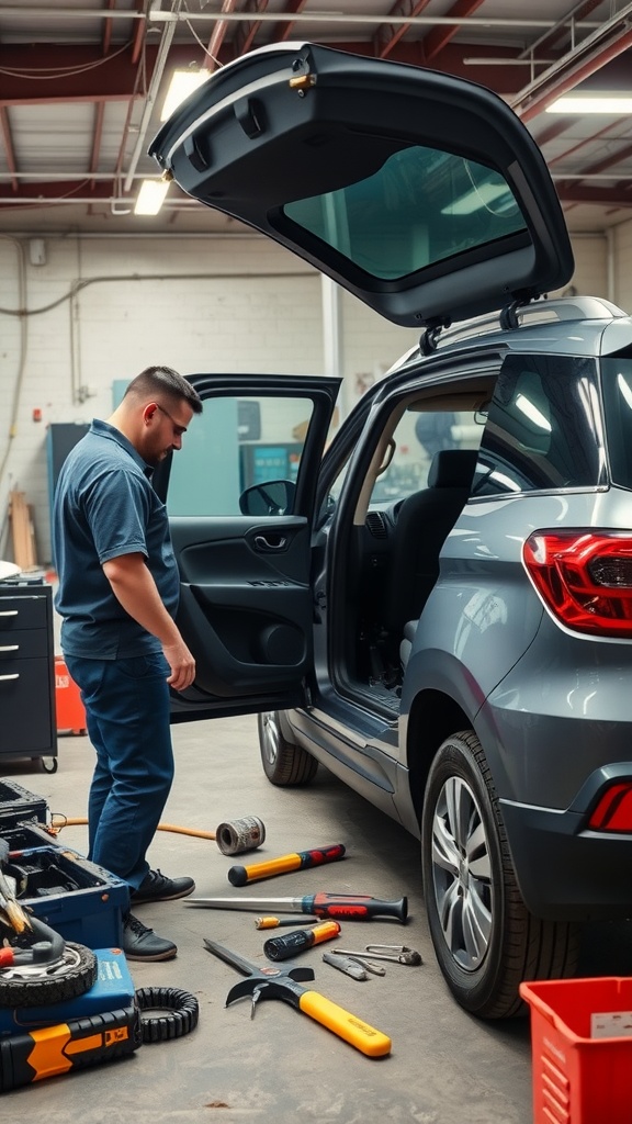 A technician working on an MPV in a workshop, surrounded by tools.
