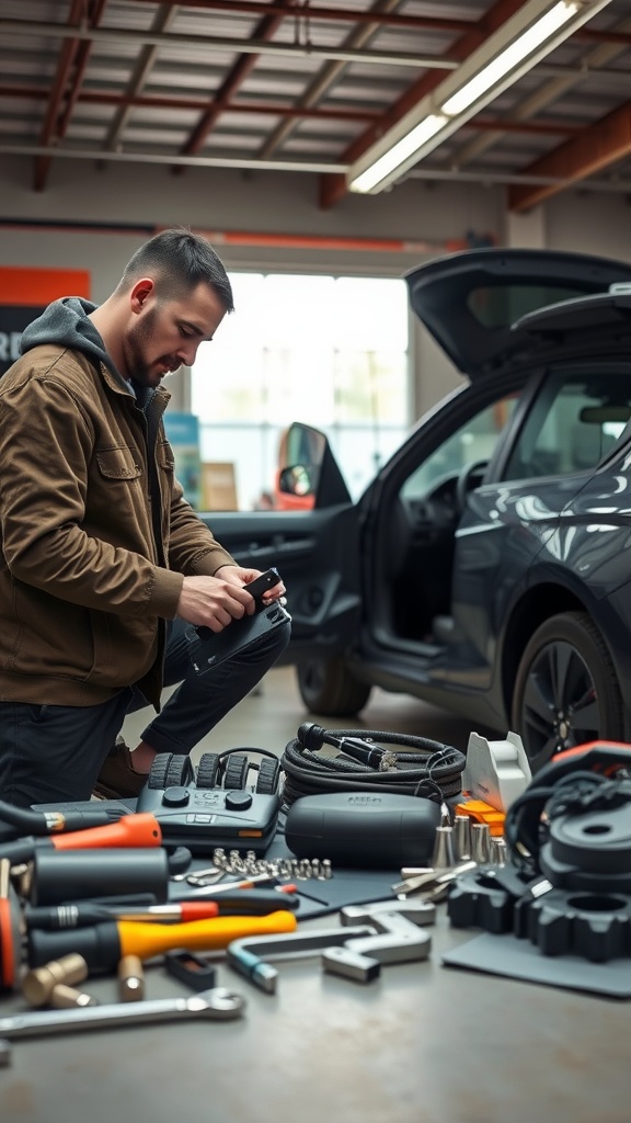 A mechanic working on a car with various tools spread out on a table.