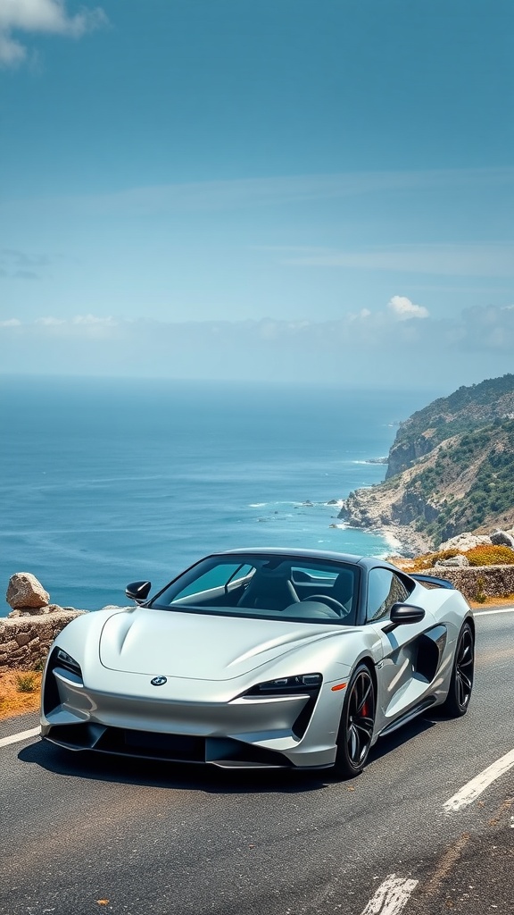 A sleek white Alpine A290 sports car parked on a coastal road with the ocean in the background.