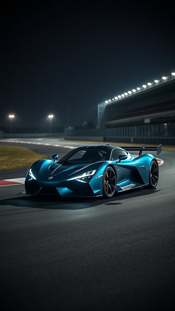 Alpine A290 on a racetrack at night, showcasing its sleek design and performance.
