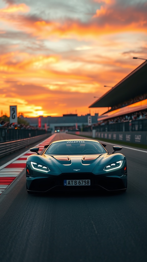Aston Martin Valkyrie on a racetrack during sunset