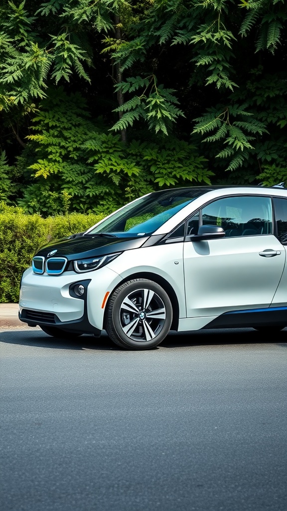 A BMW i3 electric car parked near greenery