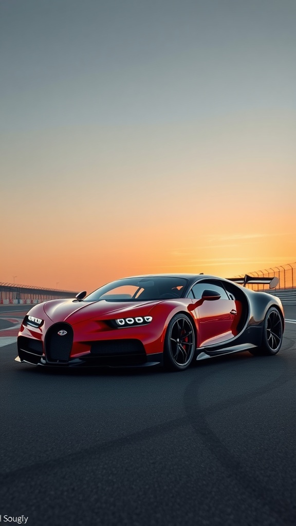 A Bugatti Chiron Super Sport 300+ parked on a racetrack at sunset, showcasing its sleek design and bold colors.