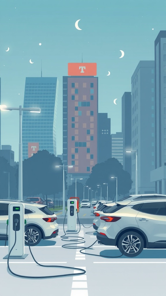 An illustration of electric cars charging in an urban environment with modern buildings and a clear sky.
