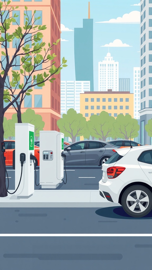 An urban setting with electric car charging stations surrounded by parked cars and buildings.