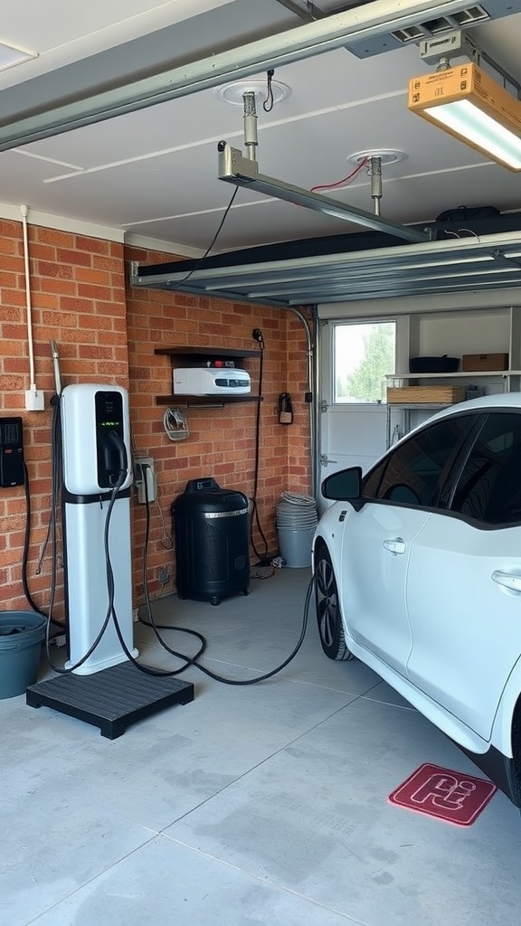 A white electric vehicle charging in a garage, showcasing a home charging station.
