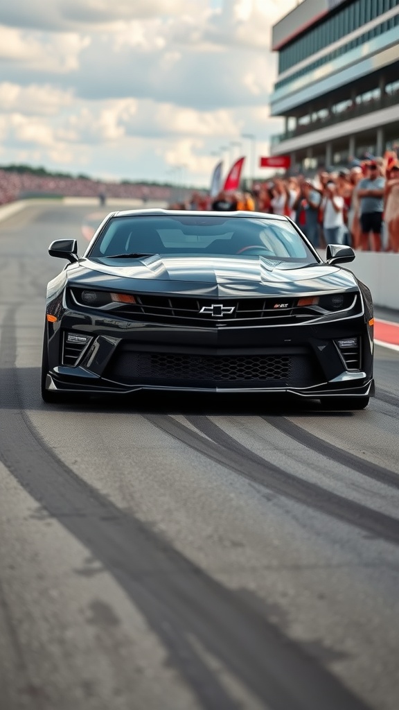 A black Chevrolet Camaro on a racetrack with spectators in the background.