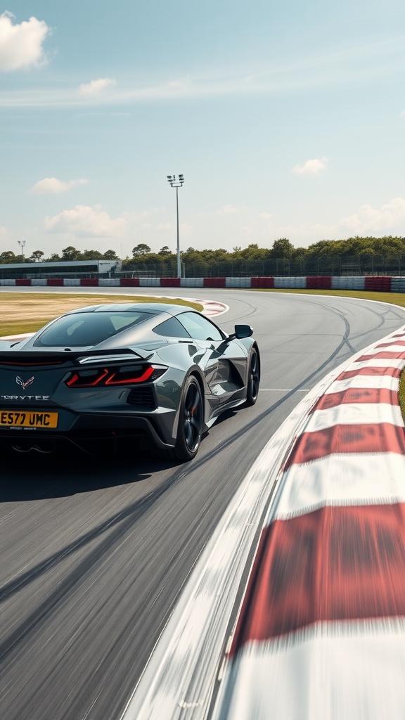 Chevrolet Corvette C8 racing on a track, showcasing its sleek design and speed.
