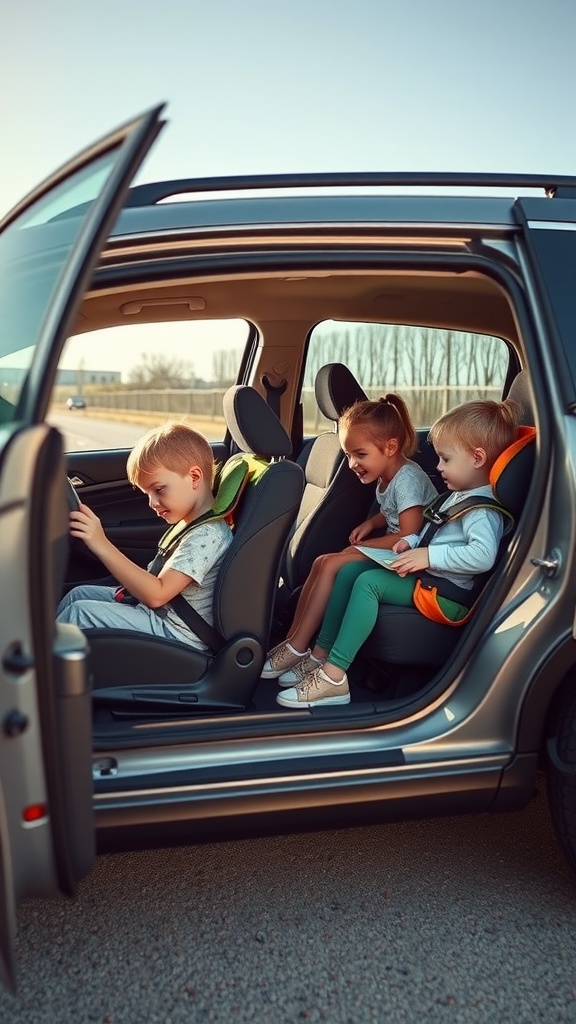 Three children in car seats inside a family vehicle, smiling and enjoying their time.